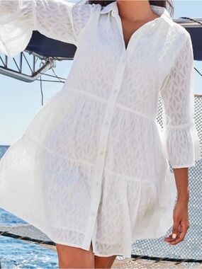 Tommy Bahama White Cotton Clip Jacquard Dress Button Front  Bell Sleeves  L